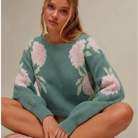 Floral Print Green Knit Round Neck Long Sleeve Pullover Sweater